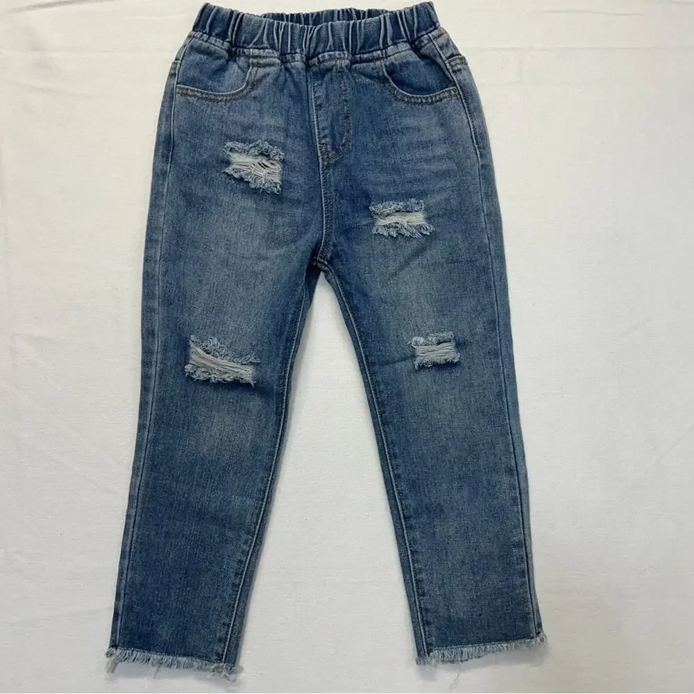Trendy Littles Girls Distressed Jeans 6-7 Boyfriend Fit Raw Hem Elastic Waist